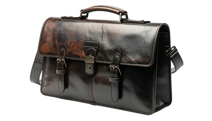 Leather briefcase with shoulder strap, clasps, and handle; angled view on dark backdrop