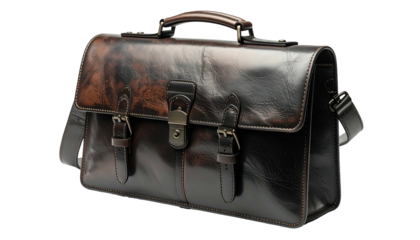 Leather briefcase with shoulder strap, clasps, and handle; angled view on dark backdrop