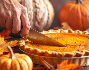 Hand slicing into a golden pie with pumpkins, leaves, and cinnamon sticks in the background