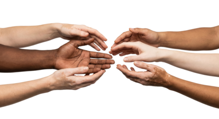 Diverse human hands reaching together representing unity acceptance and inclusivity