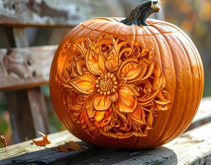 Ornate orange pumpkin with intricate floral carving, backlit on a wooden bench