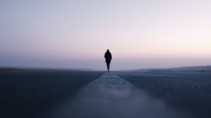 person walking alone on empty road, cinematic calm