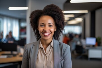 Professional female executive smiling confidently in a modern office environment showcasing teamwork and collaboration