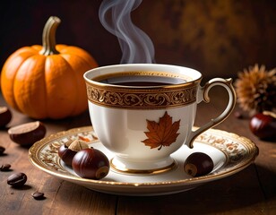 A steaming coffee cup with autumn elements pumpkin, chestnuts, on a wooden table