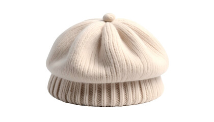 Isolated off-white knitted hat with a ribbed brim and a small pom-pom on top