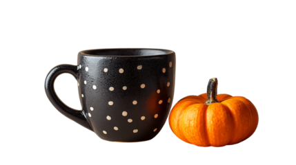 Black mug with white polka dots next to mini pumpkin