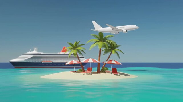 Tropical vacation concept with small island, palm trees, beach umbrellas, cruise ship, and airplane flying overhead in clear blue sky and turquoise ocean