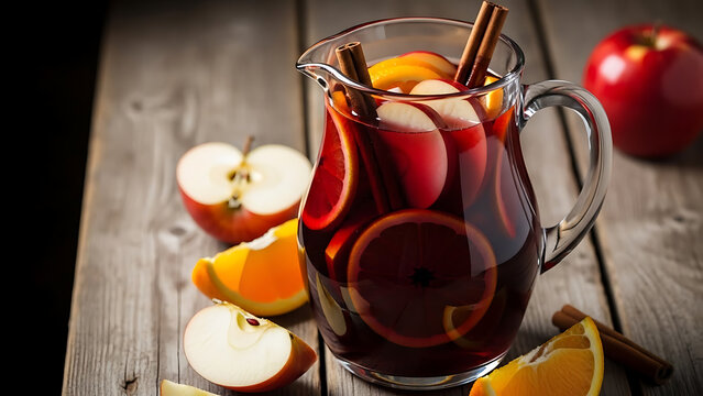 A refreshing pitcher of mulled wine filled with sliced oranges, apples, and cinnamon sticks, surrounded by fresh fruit on a wooden table. - Powered by Adobe