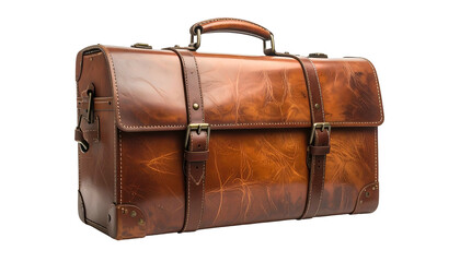 Close-up of a vintage leather suitcase with straps and buckles, isolated on black