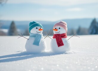 Cheerful Snowman Couple in Winter Landscape