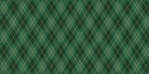 Christmas rhombus seamless pattern. Xmas plaid texture with gold line and stars. Green argyle geometric diamond abstract pattern. Christmas wrapping. Vector illustration isolated on green background. © sahrul