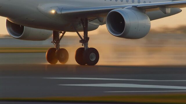 Closeup of commercial airplane landing gear touching down on runway at sunset with motion blur