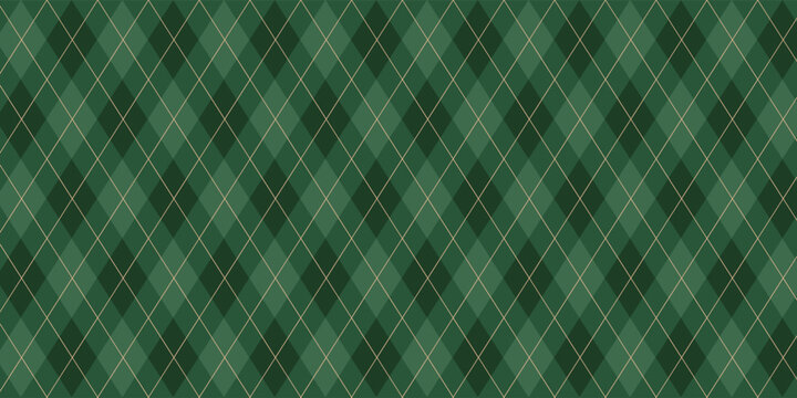 Christmas rhombus seamless pattern. Xmas plaid texture with gold line and stars. Green argyle geometric diamond abstract pattern. Christmas wrapping. Vector illustration isolated on green background.