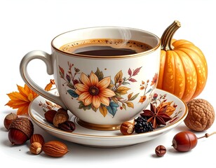 Coffee cup with fall floral design, next to a pumpkin and assorted nuts