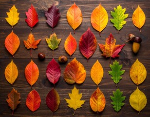 Vibrant autumn leaves arranged artfully on a dark, rustic wooden surface