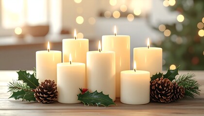 Lit white candles with pine cones and holly on wooden surface, blurred warm background