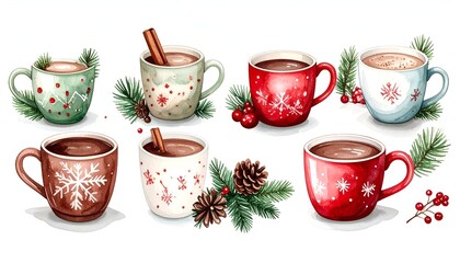 Watercolor illustration of various decorated mugs filled with hot chocolate