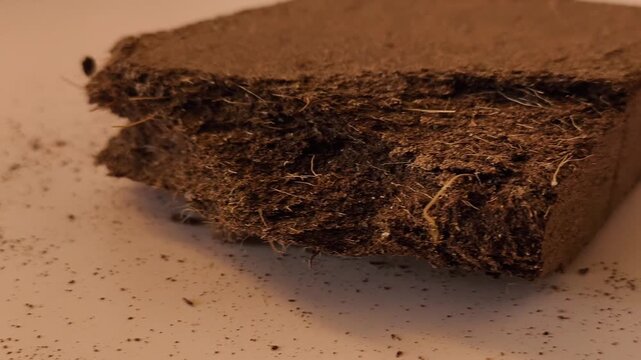 A block of pressed coconut substrate on the table. Soil for reptile terrariums, for seedlings, flowers
