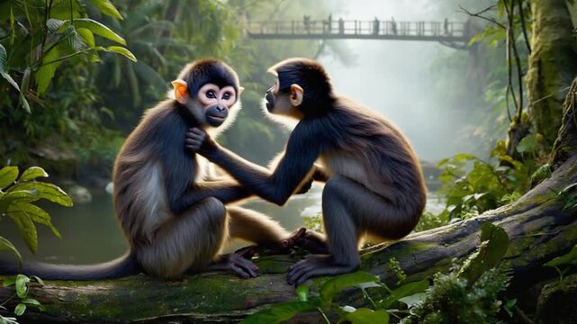 Two monkeys sitting on a branch holding hands in a lush green jungle landscape view setting monkey video