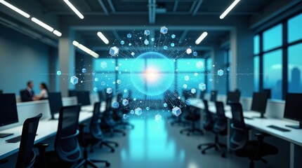 A modern office (with workers) overlaid with a glowing tech network (central sphere + connected nodes). Represents digital innovation in workplace collaboration.