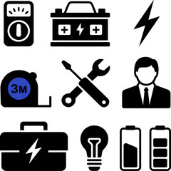 Black and white electrical service icons set showing electrician, tools, power equipment, wiring, meters, and energy symbols.