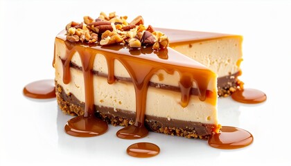 slice of caramel pecan cheesecake with dripping sauce