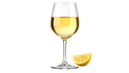 A tall, elegant wine glass filled with golden liquid, beside a lemon wedge against black