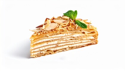 slice of mille crepe cake with almond flakes