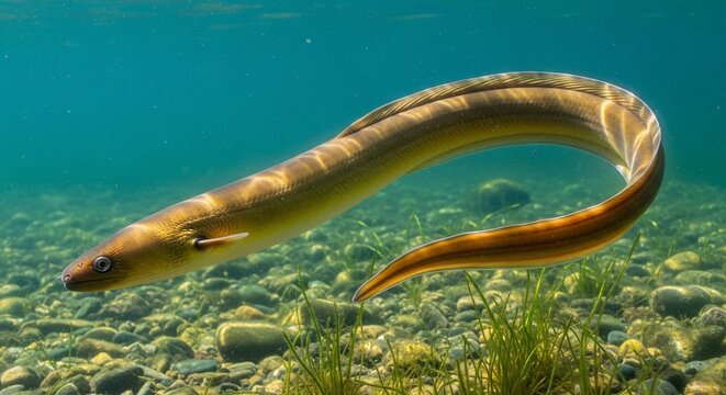 European Eel Swimming in Clear Water with Rocky Bottom and Aquatic Plants, Underwater View.