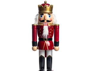 A detailed, frontal view of a traditional toy soldier nutcracker with red uniform