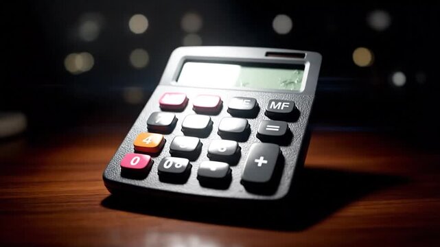 Electronic Calculator Illuminated on Wooden Desk with Dark Bokeh Background for Financial and Business Calculations
