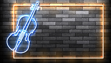 Vector neon frame with a cello isolated on wall background. © comicsans