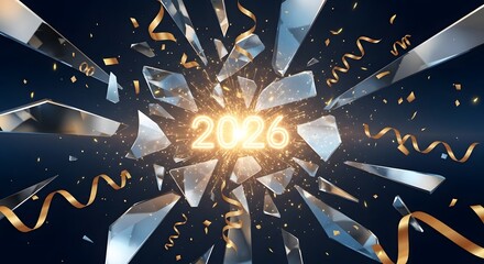 Dynamic new year 2026 celebration background with exploding glass and confetti