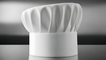 Classic White Chefs Hat on a Reflective Surface in Black and White.