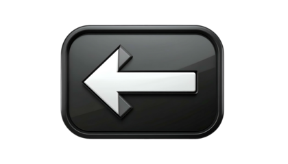 A sleek, black, rectangular button with a white arrow pointing to the left on a black background
