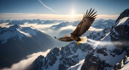 Bald eagle soaring majestically above a snow-covered mountain range at sunrise
