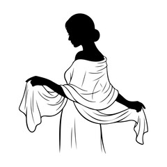 Black silhouette of a woman in a flowing white dress isolated on white background