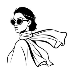 Black and white illustration of a woman wearing sunglasses and a scarf