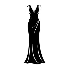 Elegant black evening gown dress silhouette for formal events and parties isolated on white background