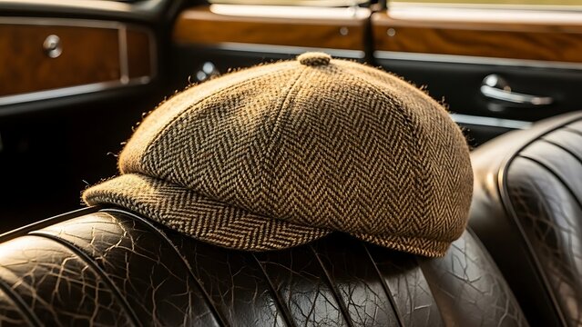 Classic Herringbone Tweed Flat Cap Resting on Vintage Car Seat.