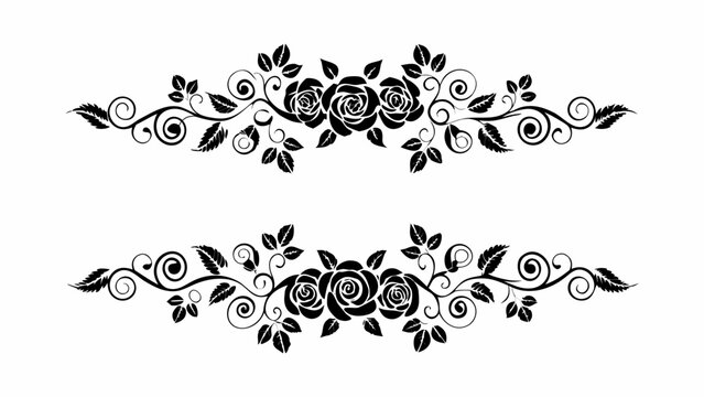 Elegant floral design featuring roses leaves and swirling vines in black