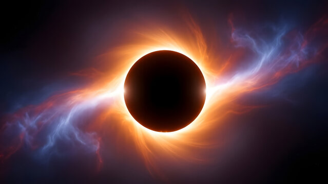 Total solar eclipse illustration with dramatic orange and blue corona flares. Abstract space background, perfect for science, astronomy, or event designs.