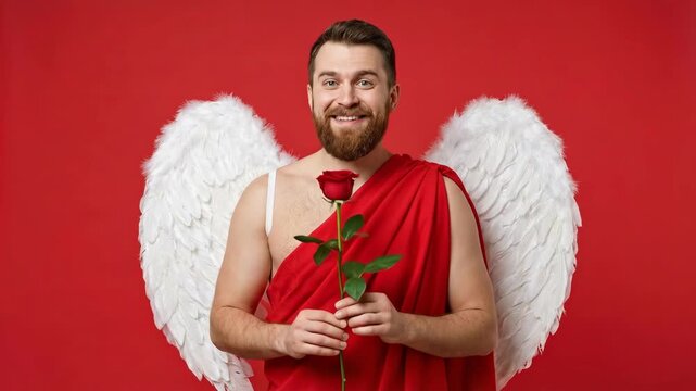 Funny bearded man wearing white angel wings and red toga smiling while holding red rose flower isolated on red background representing Valentine's Day humor and romantic love