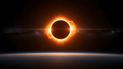 Total solar eclipse illustration with dramatic orange and red corona flares. Abstract space background, perfect for science, astronomy, or event designs