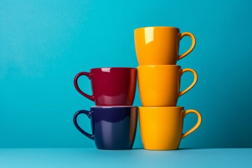 stacked colorful mugs against a vibrant blue background creating a cheerful and modern kitchen aesthetic