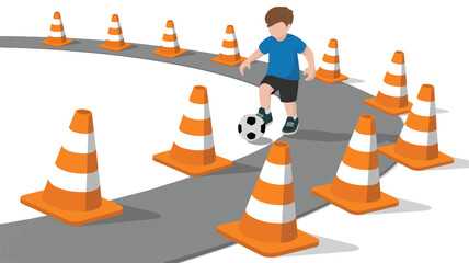 boy dribbling soccer ball through traffic cones
