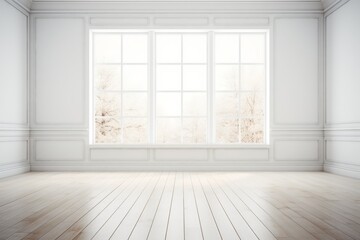 Bright and airy interior space with large windows overlooking a serene winter landscape