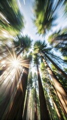 Redwood trees with sunlight creating a serene atmosphere under a clear blue sky.