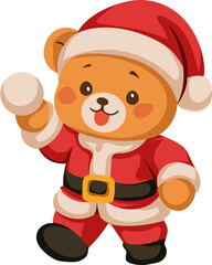 Little Bear Wearing Santa's Costume Trying to Catch a Snowball