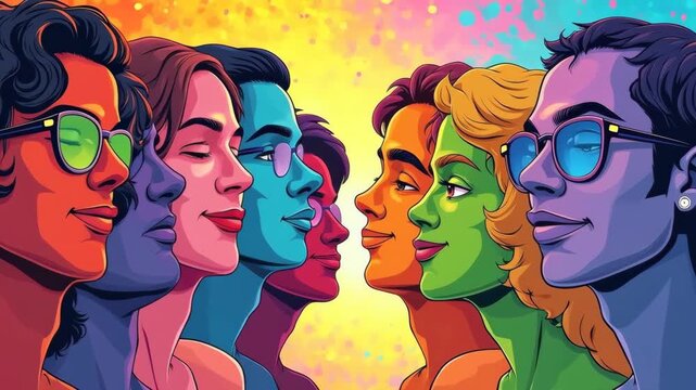 Pop art illustration, banner, texture or background depicting the pride day and the LGBT community with diverse people 
